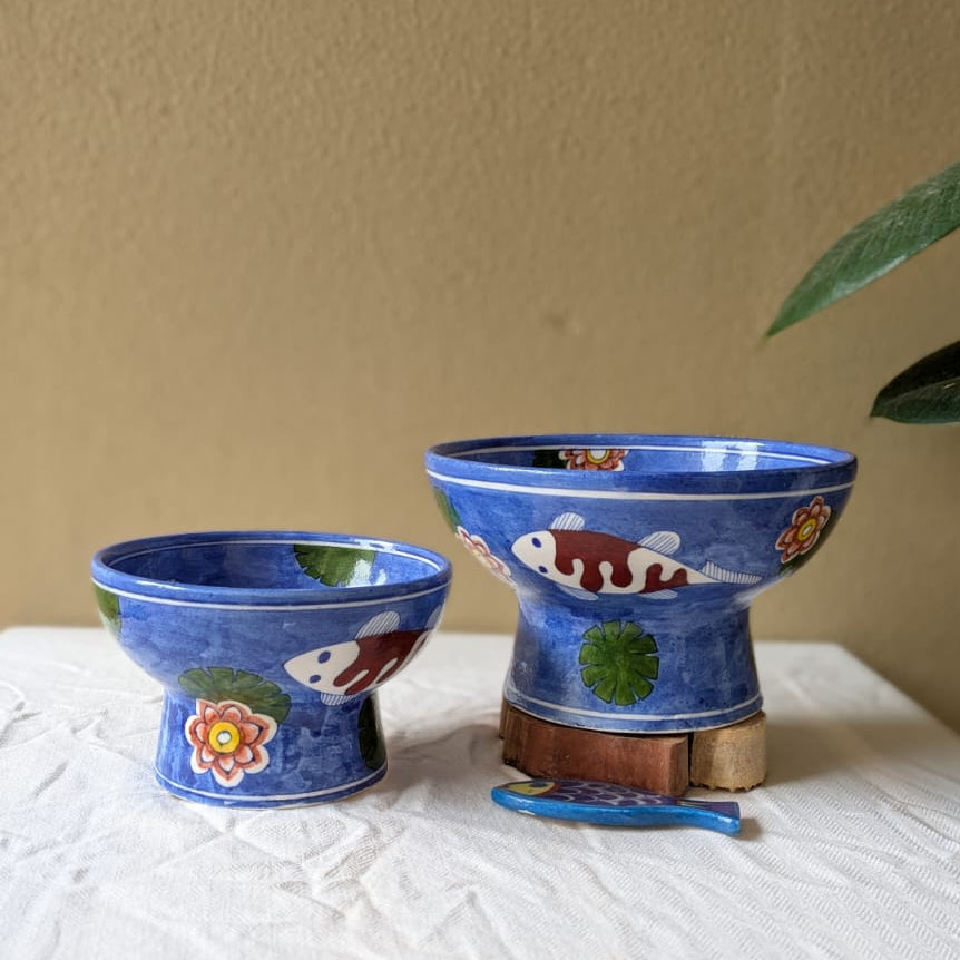 Koi Pond Blue Pottery Pedestal Bowl