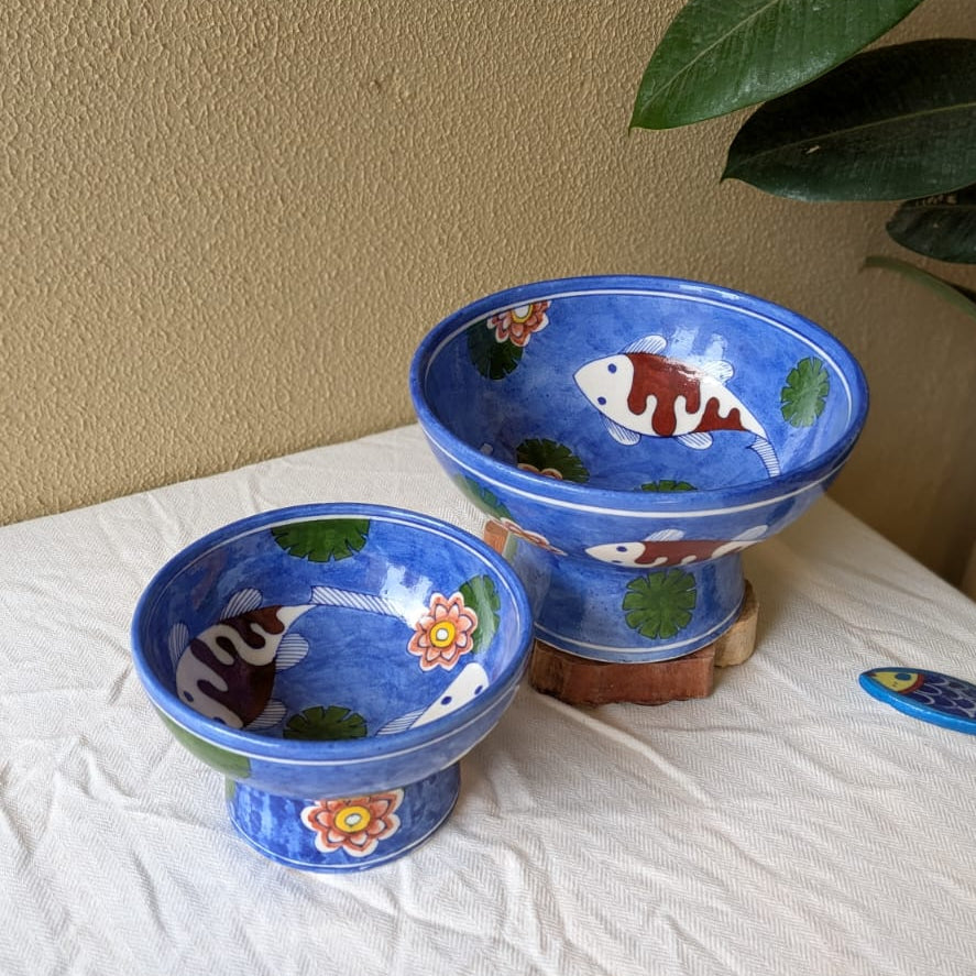 Koi Pond Blue Pottery Pedestal Bowl