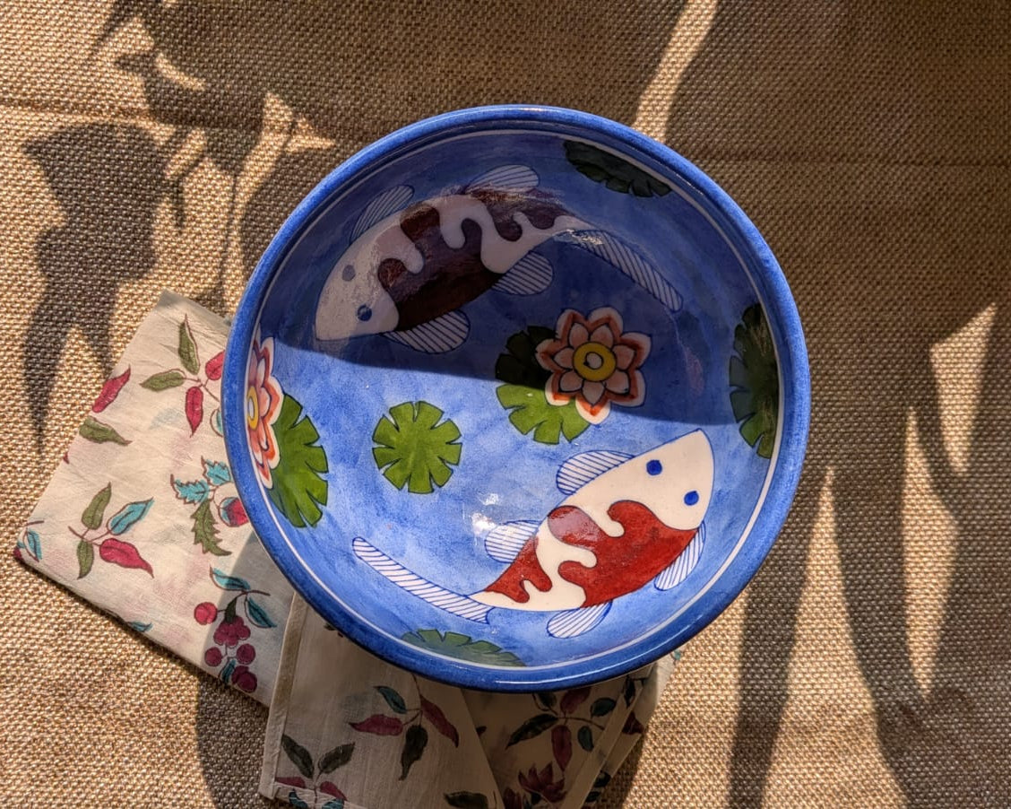 Koi Pond Blue Pottery Pedestal Bowl