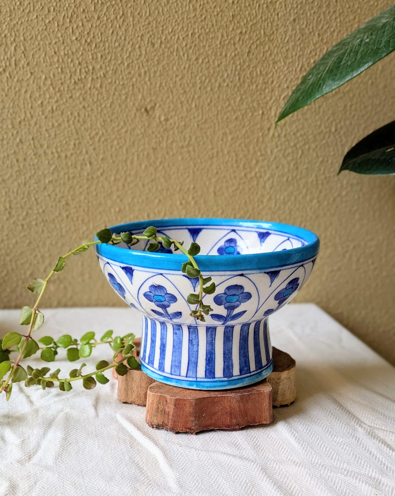 Flowers 'n' Jharokha Blue Pottery Pedestal Bowl