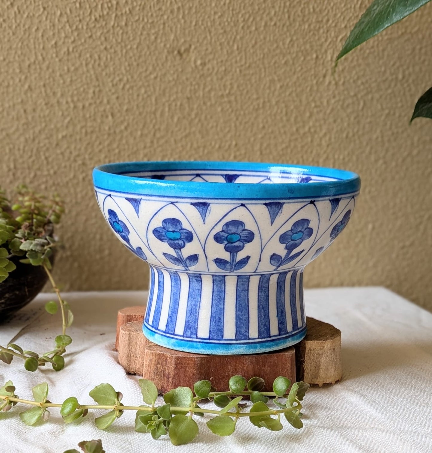 Flowers 'n' Jharokha Blue Pottery Pedestal Bowl