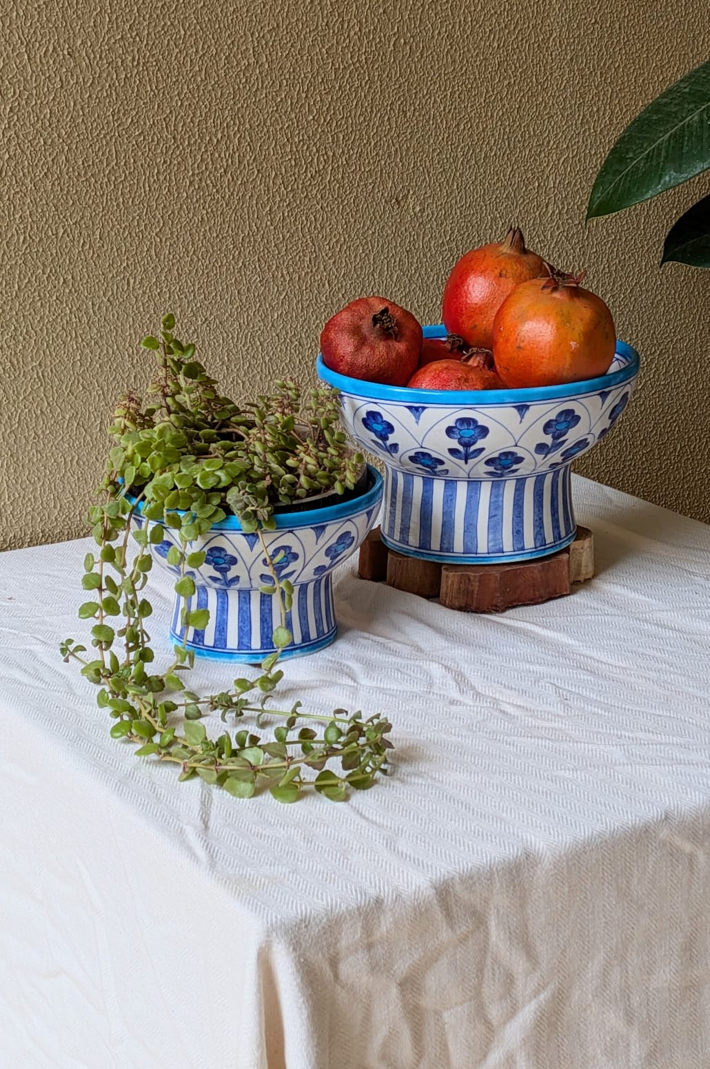 Flowers 'n' Jharokha Blue Pottery Pedestal Bowl