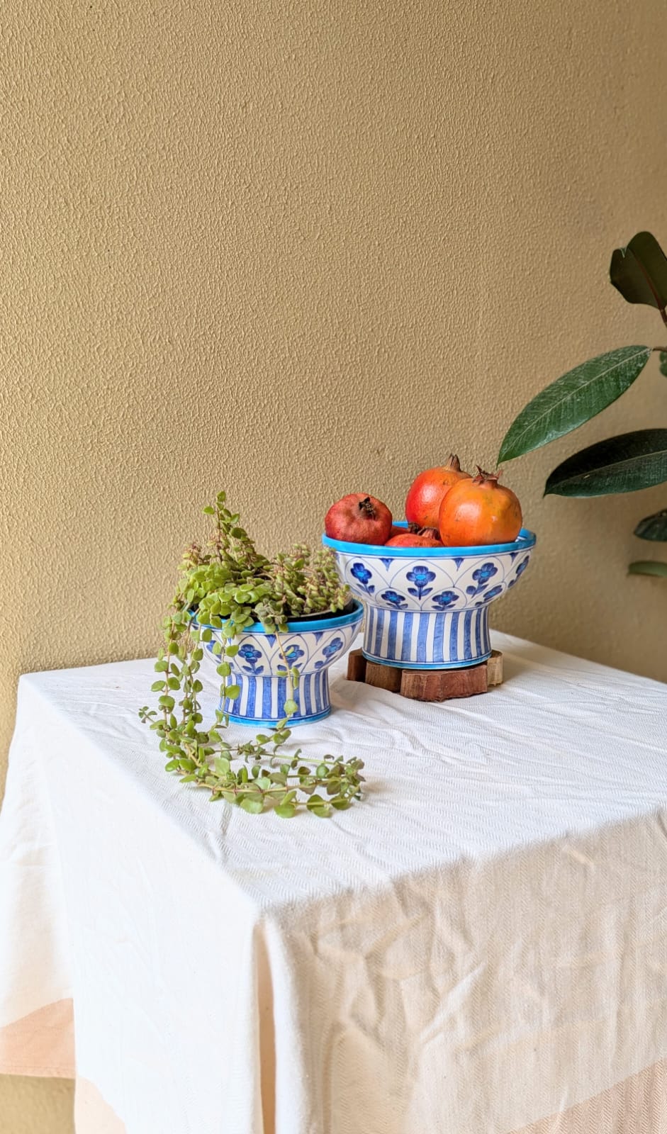 Flowers 'n' Jharokha Blue Pottery Pedestal Bowl