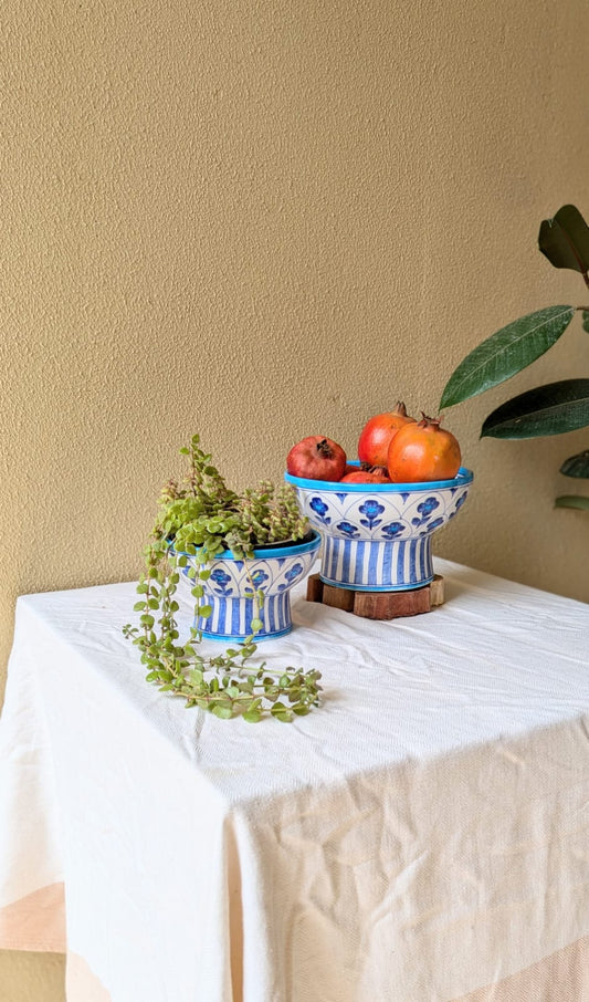 Flowers 'n' Jharokha Blue Pottery Pedestal Bowl