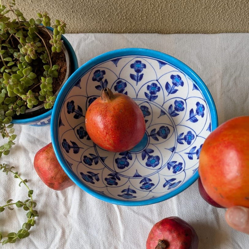 Flowers 'n' Jharokha Blue Pottery Pedestal Bowl