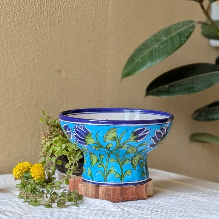 Lotus Pond Blue Pottery Pedestal Bowl