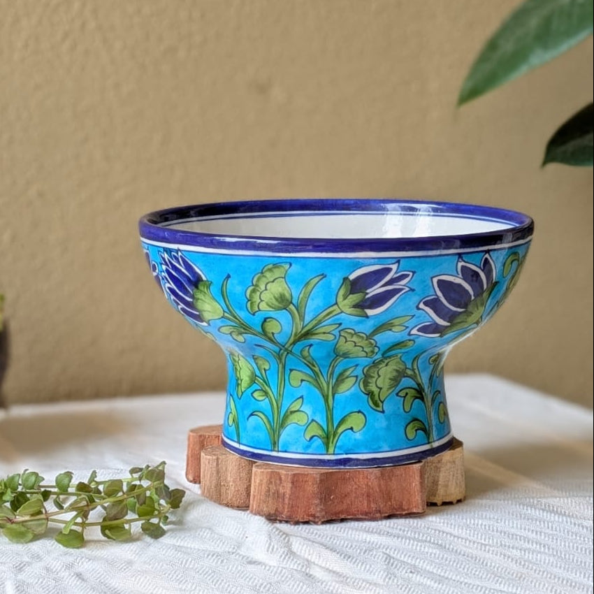 Lotus Pond Blue Pottery Pedestal Bowl